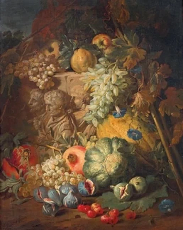 Natura morta di frutta con rilievo antico in un paesaggio